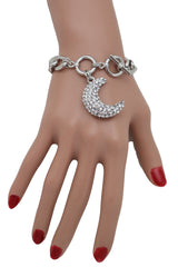 Silver Metal Hand Chain Bracelet Bling Moon Charm Crescent