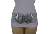 Silver Faux Leather Wide Elastic Band Fashion Belt Bling Butterfly Fit S M