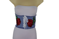 Wide Light Blue Denim Fabric High Waist Corset Belt Red Rose Flower Size M