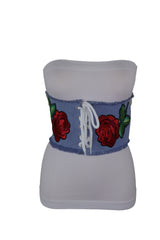 Wide Light Blue Denim Fabric High Waist Corset Belt Red Rose Flower Size M