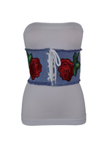 Wide Light Blue Denim Fabric High Waist Corset Belt Red Rose Flower Size M
