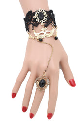 Women Gold Metal Hand Chain Black Flower Lace Bracelet Mask Masquerade Connected Ring
