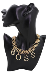 Fashion Necklace Gold Mesh Metal Chain Links BOSS Pendant Charm Jewelry