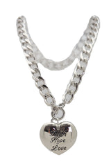 Silver Metal Chain Necklace Heart Pendant Faith Hope Love