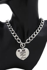 Silver Metal Chain Necklace Heart Pendant Faith Hope Love