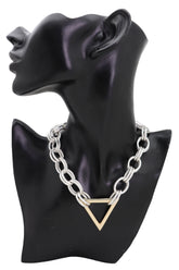 Necklace Silver Metal Chain Links Gold Triangle Pendant