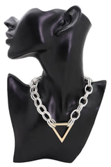Necklace Silver Metal Chain Links Gold Triangle Pendant