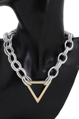 Necklace Silver Metal Chain Links Gold Triangle Pendant