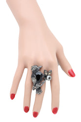 Black Metal Ring Elastic Band Size Bling Bird Tree Branch