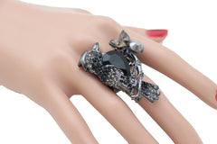 Black Metal Ring Elastic Band Size Bling Bird Tree Branch