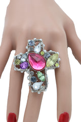 Silver Metal Ring Elastic Band Cross Bling Beads Religious