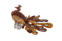 Gold Brown Bling Peacock Fashion Ring Elastic Metal Band One Size Feathers