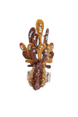 Gold Brown Bling Peacock Fashion Ring Elastic Metal Band One Size Feathers
