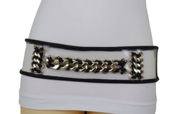 Wide Black Elastic Hip High Waist Fashion Belt Gold Metal Chain Links Size XS S