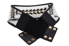 Wide Black Elastic Hip High Waist Fashion Belt Gold Metal Chain Links Size XS S