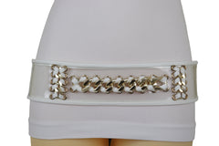 White Elastic Waistband Belt Gold Metal Chain Hip High Waist Size XS S