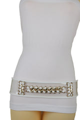 White Elastic Waistband Belt Gold Metal Chain Hip High Waist Size XS S