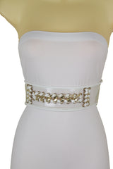 White Elastic Waistband Belt Gold Metal Chain Hip High Waist Size XS S
