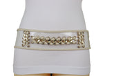 Wide Cream Elastic Fashion Belt High Waist Hip Gold Metal Chain Links S M
