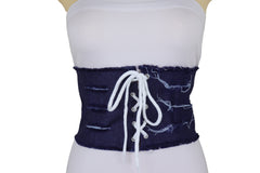 Women Wide Tie Corset Dark Blue Denim Jeans Fabric Fashion Belt S M