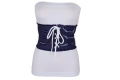 Women Wide Tie Corset Dark Blue Denim Jeans Fabric Fashion Belt S M