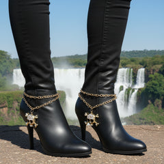 Brand New Women Gold Metal Boot Chain Bracelet Shoe Anklet Bling Skull + Wave Charm SET BC154