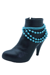 Brand New Women Turquoise Blue Metal Boot Chain Bracelet Shoe Anklet Multi Wave Ball Charms SET BC268