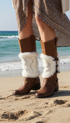 Brand New Women Boots Covers Topper Pair Warmer Winter Fabric Slip On White Muffs Buttons