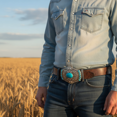 Western Style Ethnic Turquoise Beads Silver Metal Buckle