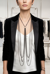 Brand New Women Pewter Black Long Body Chain Necklace Tassel Earrings  -   WN39