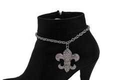 Brand New Women Silver Metal Boot Chain Bracelet Shoe Anklet Bling Fleur De Lis Charm SET BC135
