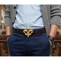 New Men Women Belt Buckle Shiny Gold Metal Fashion Fleur De Lis Flower Lily French