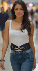 Black Faux Leather Elastic Fashion Belt Silver Metal Long Buckle Fit Size S M