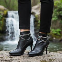 Brand New Women 2PCS Silver Metal Boot Chain Bracelet Shoe Anklet Ethnic Coin Charm Set Turquoise Blue Fashion Jewelry - A PAIR     BC31