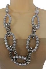 Brand New Women Grey Pearl Look Necklace With Rhinestone And Crystal Beads -   WN53