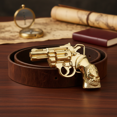 New Men Women Buckle Gold Metal Western Cowboy Pistol Revolver Gun Weapon Skull Unisex