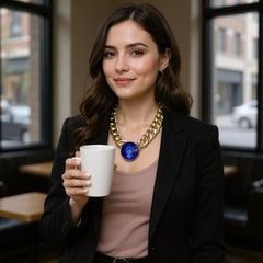 Blue Jewel Bead Pendant Short Gold Metal Chain Necklace