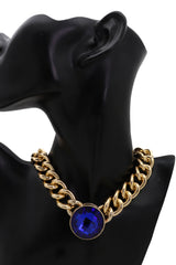Brand New Women’s Gold Tone Chunky Link Collar Necklace With Large Blue Round Pendant, Bold Fashion Jewelry For Dressy Outfits   -   WN17