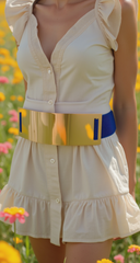 Women Blue Stretch Strap Fashion Belt Elastic Band Hip High Waist Gold Plate S M