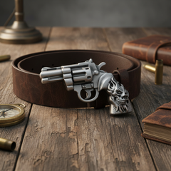 NEW Men Silver Metal Western Fashion Belt Buckle Revolver Gun Flaming Skull Weapon