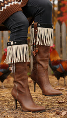 Brand New Women Beige Boot Toppers Faux Suede Leather Fringes Winter Flower Charm