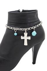 Brand New Women Silver Metal Boot Chain Bracelet Shoe Anklet Turquoise Blue Beads Cross Charm SET BC270