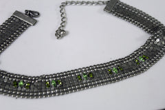 Brand New Women Green Rhinestone Silver Mesh Choker Necklace Narrow Collar Statement   -   WN9