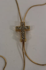 Brand New Women Long Gold Cross Necklace Clear Rhinestone Fringe Chain Jewelry  -   WN22