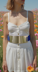 Women Blue Stretch Strap Fashion Belt Elastic Band Hip High Waist Gold Plate S M