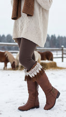 Brand New Western Women Boot Toppers Boho Long Brown Faux Leather Fringes Knee High Lace