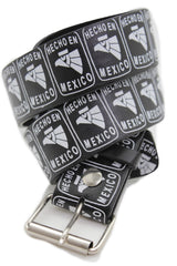 Brand New Men Women  Hecho En Mexico Printed Black Belt, Silver Buckle Faux Leather Graphic Strap, Adult Size Small 29 To 33   M22