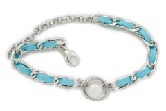 Brand New Women Silver Metal Boot Chain Bracelet Shoe Anklet Turquoise Blue Fabric Band Center Ring Charm SET BC269