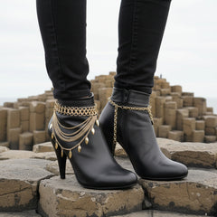 Brand New Women Gold Metal Boot Chain Bracelet Shoe Anklet Multi Wave Strand Leaf Charm SET BC158