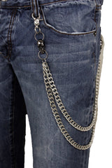 Brand New Men’s Silver Punk Wallet Chain, 2 Strand Jeans Chain with Black Skull Charms, Handmade USA Belt Loop Key Holder, 23"  M28